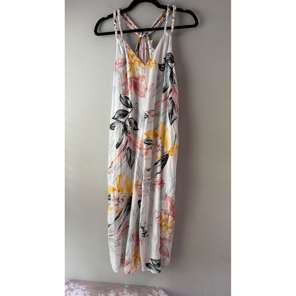 C&C California Jumpsuit Womens Small White Floral Linen Blend Braided T-Back